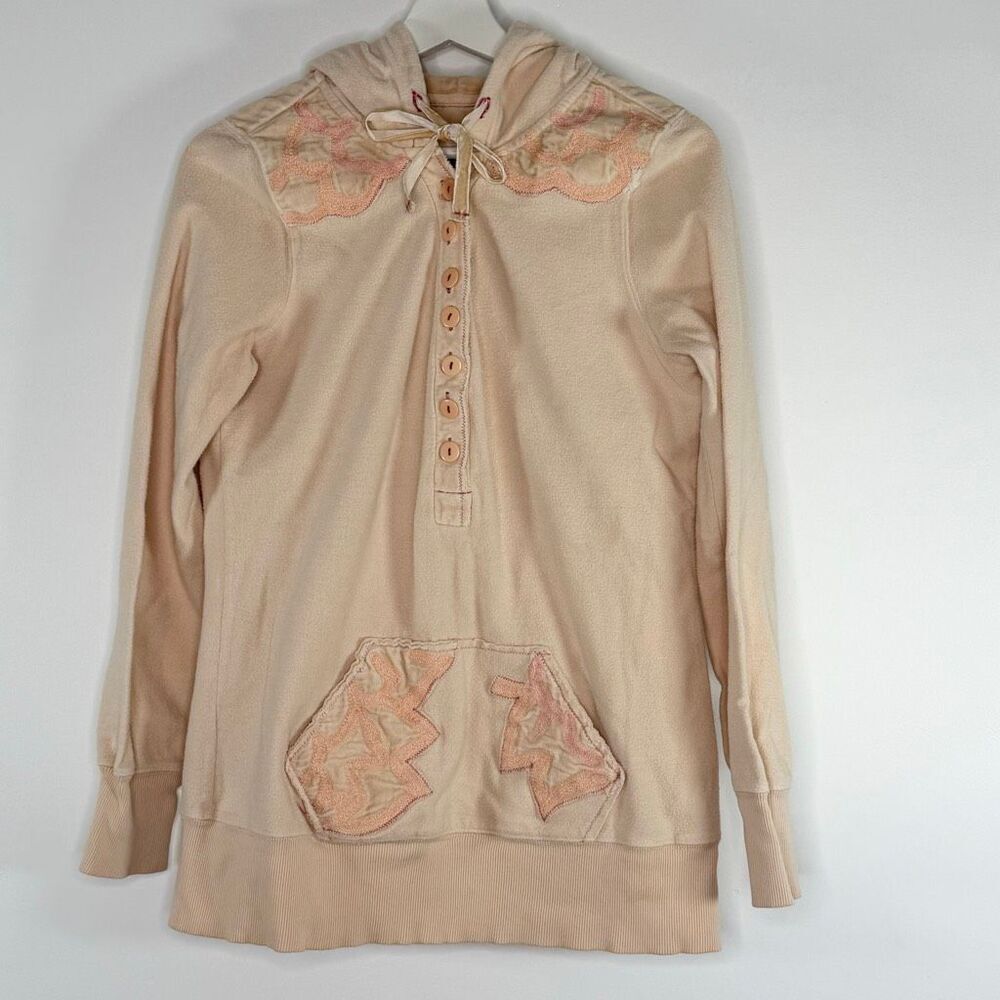 Free People Peach Floral Embroidered Pull-Over Hoodie Velvet Accents Medium Weig